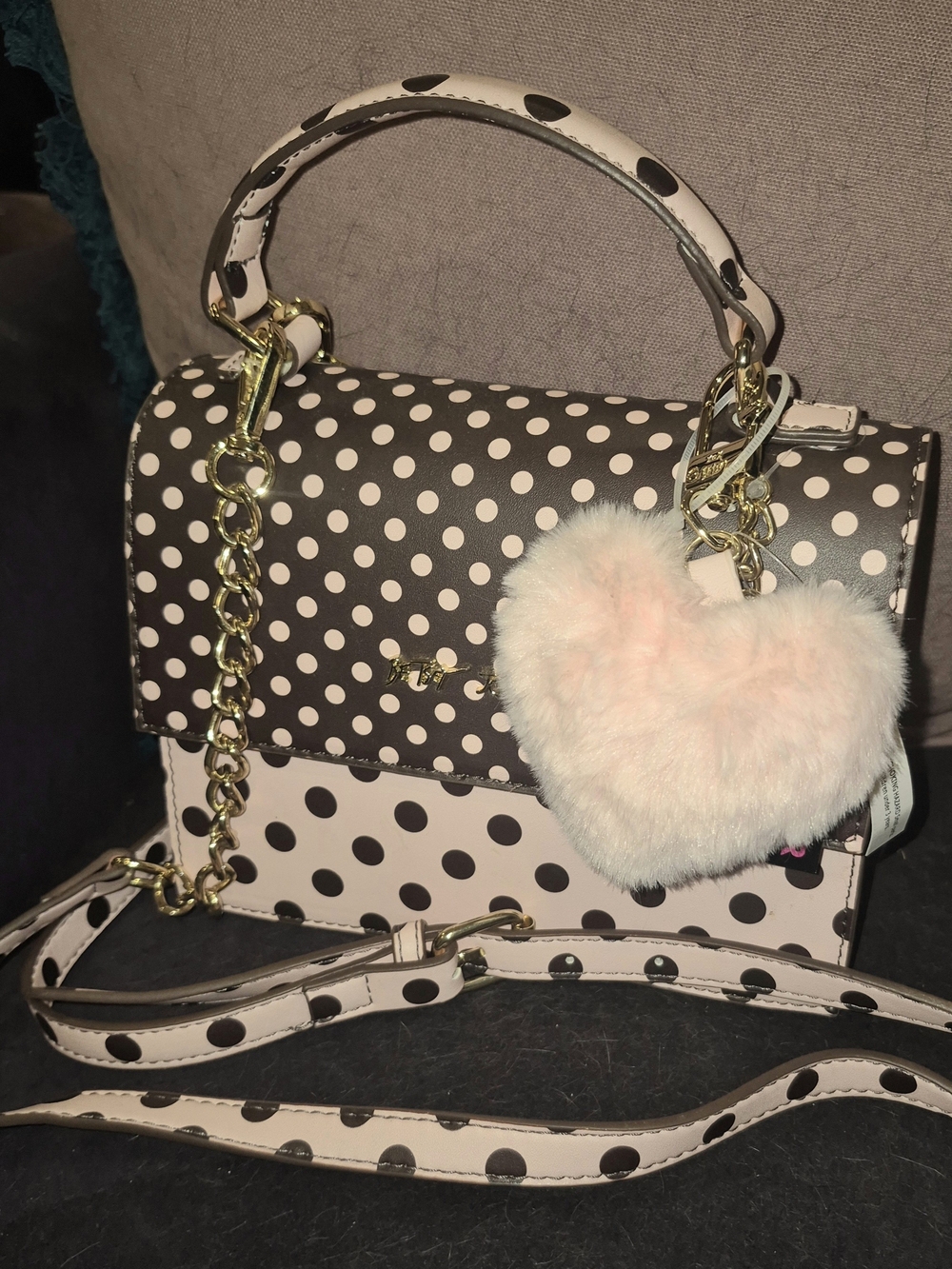 Betsey Johnson Black and Light Pink Polka Dot Crossbody Satchel with Heart Charm
